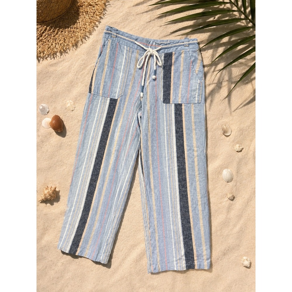 Natural Reflections Womens XS Linen Blend Striped Drawstring Pants Blue Tan